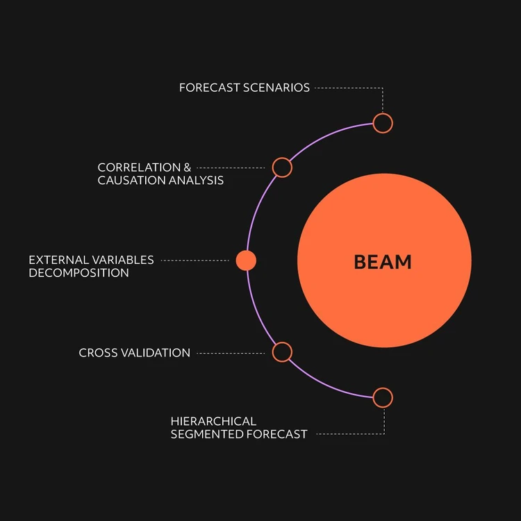 Infographic illustrating the ‘BEAM’ product as an orange circle from which five modules branch out in a cascade diagram. The phases, from top to bottom, are: ‘Forecast scenarios’, ‘Correlation & Causation analysis’, ‘External variables decomposition’, ‘Cross validation’ and ‘Hierarchical segmented forecast’. In this image, the focus is on the External variables decomposition process.