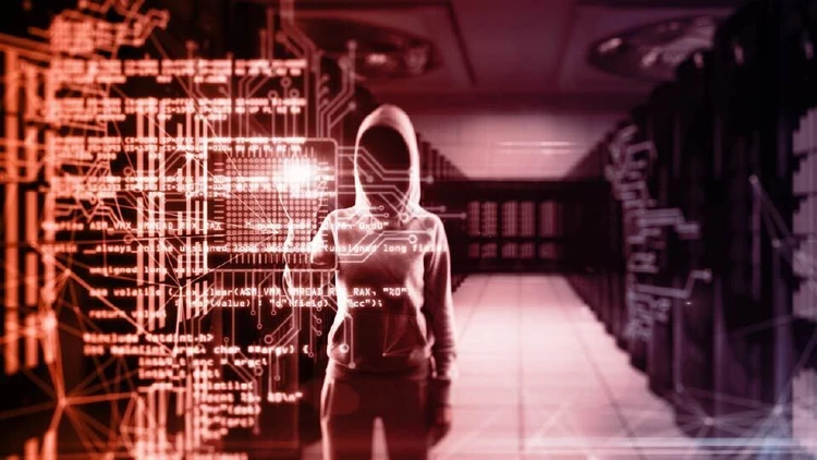 A representation of a cyber threat countered by advanced AI security systems within an IT infrastructure.