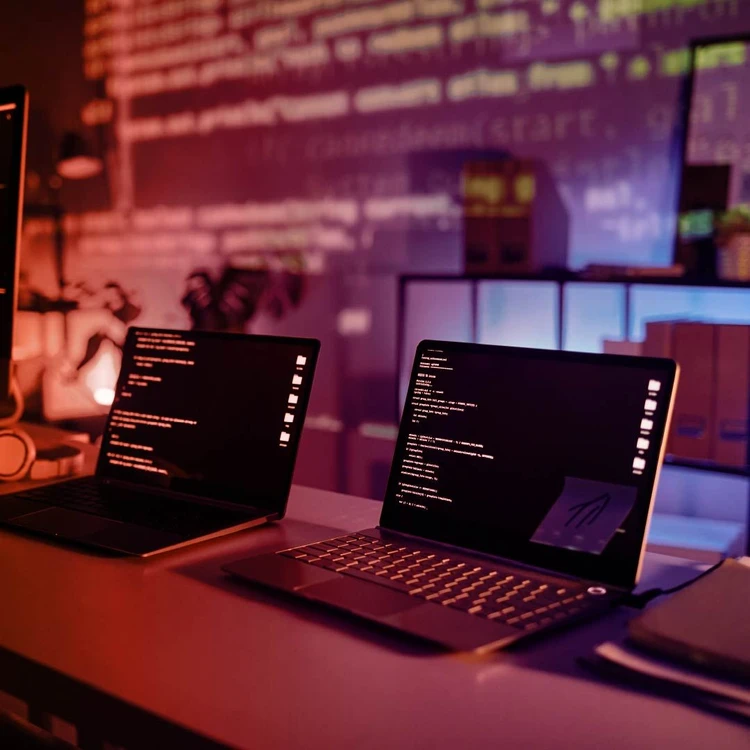 Two laptops open on a desk in a work environment, displaying programming code.