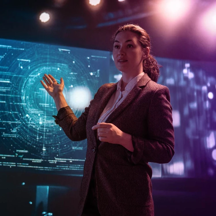 A woman presents the results of an analysis, pointing to the large screen behind her displaying an abstract image with circles and lines.