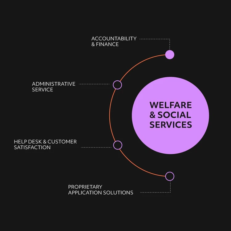 Infographic illustrating the ‘WELFARE’ solution as a lilac circle from which four areas branch out in a cascade diagram. The modules, from top to bottom, are: ‘Accountability & Finance’, ‘Administrative service’, ‘Help desk & customer satisfaction’ and ‘Proprietary application solutions’. In this image, the focus is on the Accountability & Finance process.